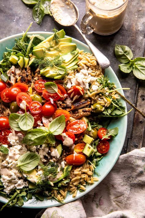 Greek Tahini Chicken and Feta Orzo Bowls | halfbakedharvest.com Orzo Bowls, Orzo Bowl, Chicken And Feta, Feta Orzo, Tahini Chicken, Picnic Salads, Half Baked Harvest Recipes, Orzo Salad Recipes, Rice Dinner