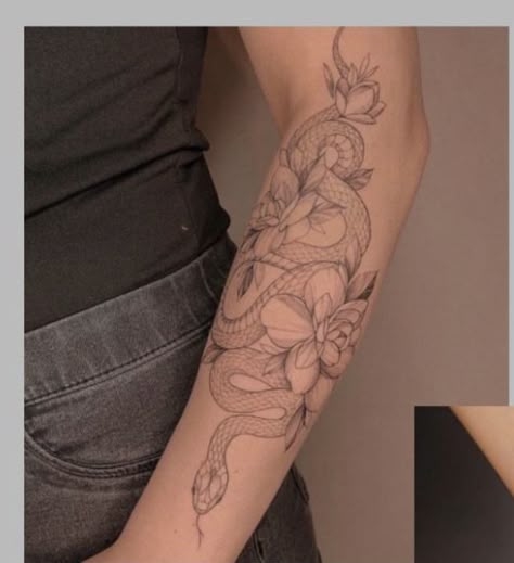 Snake Arm Sleeve Tattoo, Snake Arm Sleeve, Snake Around Arm Tattoo, Snake And Flowers Tattoo, Snake And Flowers, Indian Feather Tattoos, Outer Forearm Tattoo, Half Sleeve Tattoos Forearm, Wrap Around Tattoo