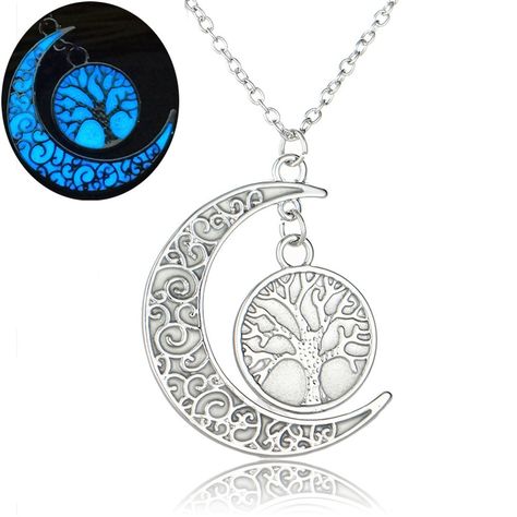 32*35mm Moon Mum Tree Luminous Charms Pendant Necklace Wholesale Gift Fluorescent Glow In Dark Jewelry For Mother Drop shipping Dark Moon, Tree Necklace, Tree Of Life Necklace, Moon Jewelry, Long Pendant Necklace, Unisex Gifts, Blue Necklace, Moon Necklace, Silver Pendant Necklace