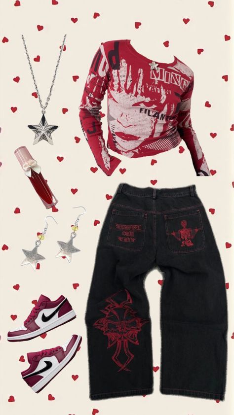 red cherry bordo baggy jeans y2k star Red Star Pants Outfit, Red Baggy Outfit, Red And Black Baggy Outfits, Red Y2k Top For Streetwear, Red Star Jeans, Red Grunge Outfit, Black And Red Outfit, Red Grunge, Baggy Outfits