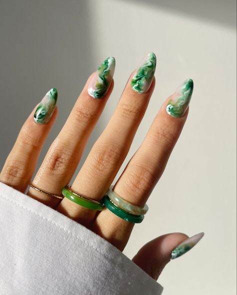 Soft Marble Nails, Green Nail Designs Coffin, Green Marbled Nails, Sage Green Marble Nails, Green Nails Marble, Marble Green Nails, Green Marble Nail Designs, Green Almond Nails Designs, Green Marble Nails