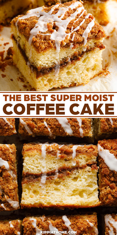 Coffee cake cut into squares with a drizzle topping Moist Coffee Cake Recipe, The Best Coffee Cake, Moist Coffee Cake, Best Coffee Cake, Gluten Free Coffee Cake, Classic Coffee Cake, Cinnamon Streusel Coffee Cake, Gluten Free Coffee, Coffee Cake Recipes Easy