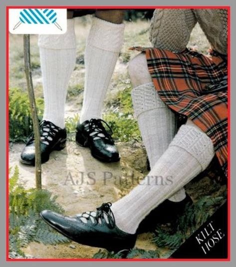 A PDF Knitting Pattern for making these Mens Scottish Kilt Socks which can be knitted with a choice of 2 different style of tops - cabled or open-work. Knitted in DK (light worsted/8 ply) wool. To fit a foot size of 10-11. A handy wool and needle conversion chart is also included for you. Your Knitting Patterns For Men, Kilt Socks, Socks Knitting Pattern, Aran Knitting Patterns, Socks Knitting, Vintage Crochet Patterns, Scottish Kilts, Pattern Dress Women, Sock Knitting