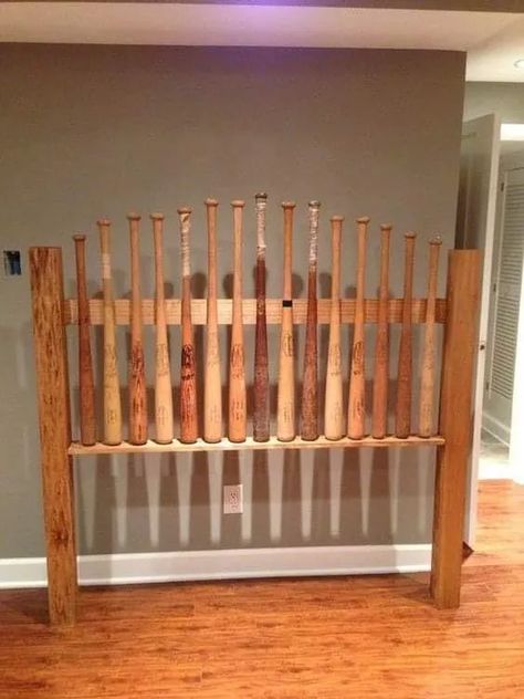 62 Amazing and Cool Headboard Ideas | Decor Home Ideas Baseball Bat Headboard, Baseball Bedroom, Baseball Room, Bar Outdoor, Baseball Decor, Baseball Bats, Baseball Theme, Sports Room, Boy Bedroom