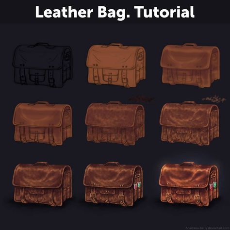 Leather Bag. Tutorial by https://www.deviantart.com/anastasia-berry on @DeviantArt Digital Art Reference, Paintings Dark, Leather Bag Tutorial, Draw Tutorial, Leather Tutorial, Concept Art Tutorial, Digital Painting Techniques, Procreate Ipad Art, Texture Drawing