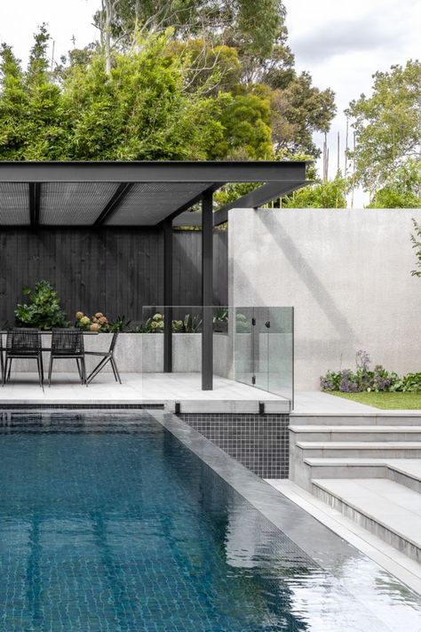 A black steel pool cabana, with a web forged steel canopy continues the theme of sculptural abstraction, while providing shade for outdoor entertaining. #landscapearchitecture #pool #cabana Modern Pool Cabana, Contemporary Pools, Backyard Pool Cabana, Raised Pools, Client Brief, Steel Pool, Scott Street, Pool Terrace, Pool Shade