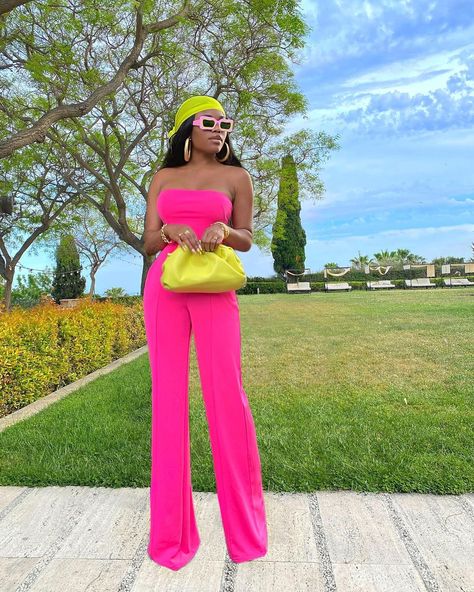 Pink Jumpsuit Outfit, Pink Jumpsuits Outfit, Marii Pazz, Outfit Ideas For Black Women, Bandeau Jumpsuit, Long Pant Jumpsuit, Spring Trends Outfits, Color Combos Outfit, Pink Shade