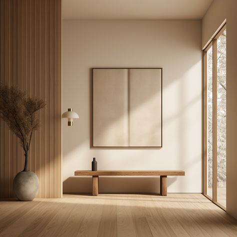 Modern japandi decor inspiration for home entry hallway, natural wood, light and minimalist. Japandi Corridor, Japandi Minimalist Interior, House Entrance Ideas Entryway Modern, Japandi Entrance, Japandi Foyer, Natural Minimalist Home, Christmas Decor Ideas Front Porch, Japandi Hallway, Japandi Entryway