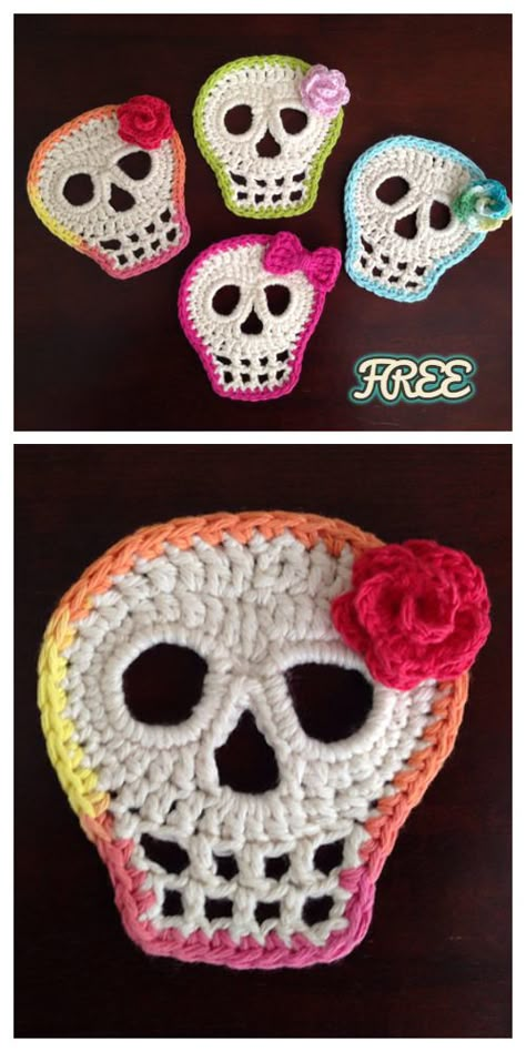 Crochet Day Of The Dead Skull Applique Free Crochet Pattern Appliques Au Crochet, Skull Crochet, Crochet Skull Patterns, Skull Ideas, Cat Crochet Pattern, Den Mrtvých, Crochet Applique Patterns Free, Crochet Free Patterns, Easy Amigurumi