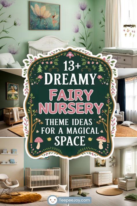 A dreamy fairy nursery theme featuring whimsical wall art of a fairy on a flower, surrounded by soft green walls with floral details. The space is styled with a cozy white crib, natural wood furniture, and accents like a floral mobile and plush area rug. This setup is perfect for a Fairy Nursery Theme Fairytale or a woodland fairy nursery, creating a magical and serene atmosphere. Fairy Nursery Baby Girl, Fairy Garden Nursery Theme, Woodland Fairy Nursery, Garden Themed Nursery, Fairy Garden Nursery, Fairy Nursery Theme, Garden Nursery Theme, Secret Garden Nursery, Enchanted Forest Nursery