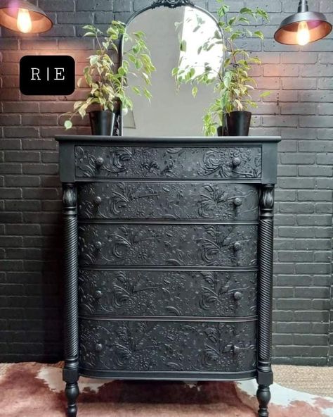 Raised Stencil Lamp Black Dresser | General Finishes Design Center Gothic Furniture Makeover, Gothic Upcycle, Barn Board Headboard, Gothic Furniture Diy, Stencil Dresser, Furniture Remodel, Raised Stencil, Western Things, Furniture Makeover Inspiration