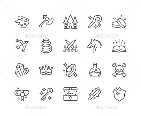 Line Fantasy Icons Battle Chess, Dragon Magic, Stick Poke Tattoo, Golden Coins, Dragon Icon, Map Icons, Magic Tattoo, Vector Line, Poke Tattoo