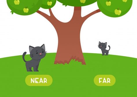 Kitten is near and far. illustration of ... | Free Vector #Freepik #freevector #template #education #character #cartoon Near And Far Activities For Preschool, Near And Far Worksheets For Preschool, Opposites For Kids, Evs Worksheet, Preschool Activity Books, Back To School Special, Maths Exam, Esl Classroom, Opposite Words