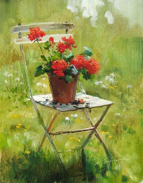 geranium art by Serguei Toutounov Red Geraniums, Paintings I Love, Arte Floral, A Chair, Art Oil, Geraniums, Beautiful Paintings, Life Art, Floral Painting