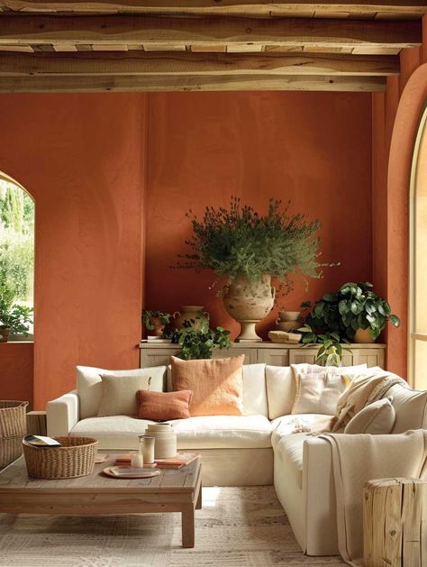 15+ Inspiring Terra Cotta Interior Design Projects for Every Room • 333+ Inspiring Lifestyle Ideas Terra Cotta Wall Color, Terra Cotta Living Room, Terracotta Living Room, Greek Decor, Modern Boho Living Room, Serene Bedroom, Nature Inspired Decor, Elegant Dining Room, Room Color Schemes