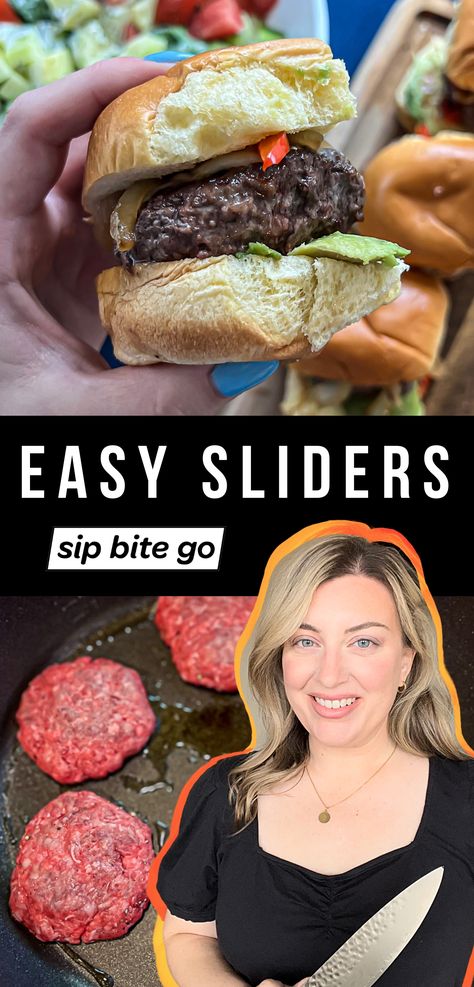 Burger Sliders Recipe with text overlay and Jenna Passaro with Sip Bite Go logo Oven Cooked Sliders, Burgers In The Oven Easy Recipes, Burgers On Stove Top, Cooking Burgers On The Stove, Hamburger Sliders Recipes, How To Make Burgers On The Stove, Slider Burgers In Oven, Mini Hamburger Sliders, Sliders Recipes Hamburger