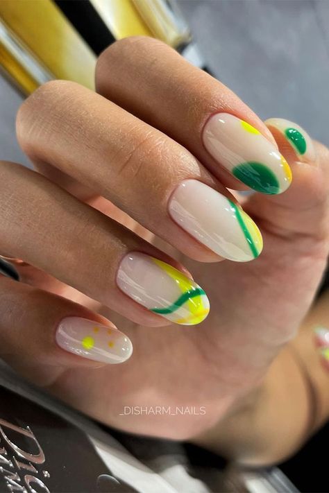 green and yellow nails, fun summer nails, oval shaped nails, summer nail art designs, colorful nail colors, bright nail colors, summer nail art designs 2021, ombre nail colors, nail art designs 2021 #nailart #nailart2021 Green Yellow White Nails, Nail Art Designs Green And Yellow, Yellow Green Nails Design, Bright Green Nails Designs Summer, Orange Green Yellow Nails, Green Yellow Nails, Summer Oval Nails, Green And Yellow Nails, Colorful Nail