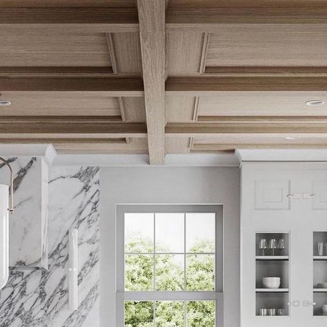 Light Wood Coffered Ceiling, Contemporary Coffered Ceiling, Kitchen Ceiling Treatments, White Oak Coffered Ceiling, Modern Suspended Ceiling, Ceiling Soffit Design, Tray Ceiling Detail, Kitchen With Coffered Ceiling, Ceiling Cladding Ideas