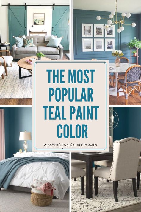 The Best Teal Paint Color -Riverway SW 6222 - West Magnolia Charm Rooms With Teal Accents, Teal Blue Paint Colors Accent Walls, Turquoise Painted Kitchen Cabinets, Farmhouse Teal Paint, Perfect Teal Paint Color, Antique Teal Paint Color, Barn Door In Living Room, Sherwin Williams Riverway Bedrooms, Sw Riverway Cabinets