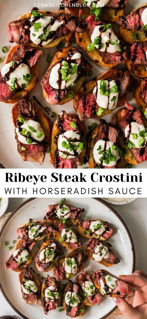 Beef Appetizers For Party Fancy, Steak And Horseradish Crostini, Prime Rib On Crostini, Bruchetta Appetizers Steak, Red Meat Appetizers, Fancy Savory Appetizers, Steak And Burrata Crostini, Holiday Steak Bruschetta, Beef Horseradish Appetizer