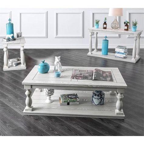 Wooden Coffee Table With Bottom Shelf in Antique White Finish - On Sale - Bed Bath & Beyond - 34345869 White Painted Coffee Table, White Rustic Coffee Table, Antique White Coffee Table, Farmhouse Coffee Tables, Painted Coffee Table, Traditional Coffee Table, White Coffee Table, Floor Shelf, Rustic Coffee Tables