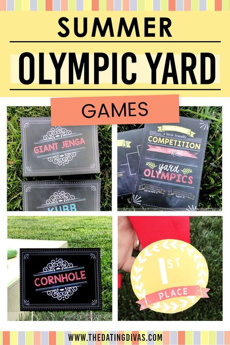 Family Olympics Games Outdoor Party, Yard Game Olympics, Home Olympics Games For Adults, Family Olympic Games Outdoor, Backyard Olympic Games, Family Olympic Games, Olympic Party Games, Summer Olympics Party, Family Olympics