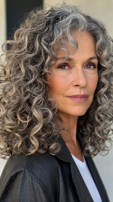 Curly Hairstyles for Women Over 50 Long Curly Grey Hair Natural Curls, Curly Grey Hair With Bangs, Curly Grey Hair Natural Curls Over 50, Gray Curly Hair Natural Curls, Over 50 Curly Hairstyles, Curly Bobs For Older Women, Older Woman Curly Hair, Curly Silver Hair, Curly Hair Over 50 Women