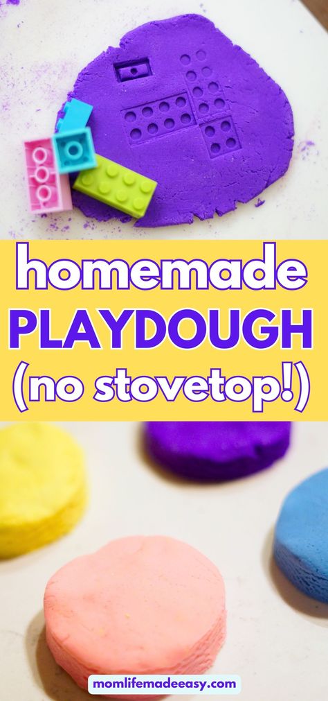 two pictures of homemade playdough in a variety of colors with large text that reads "homemade playdough (no stovetop!) Microwave Playdough Recipe, Simple Playdough Recipe, Diy Playdough Recipe, Diy Playdough No Cook, Flour Playdough Recipe, Play Dough Recipe Easy, How To Make Playdough, Playdough Activities Preschool, Frozen Dinosaur Eggs