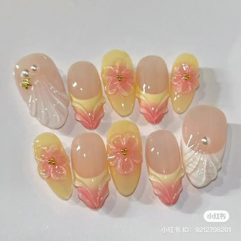 Nails Airbrush, Orange Y2k, Nails Y2k, Flower Press, Airbrush Nails, Medium Almond, Cute Simple Nails, Summery Nails, Girly Acrylic Nails