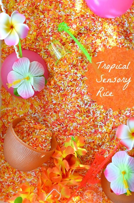 Luau Crafts, Sensory Activities For Kids, Hawaii Crafts, Sensory Rice, Hawaii Theme, Sensory Learning, Time For Kids, Summer Preschool, Luau Theme