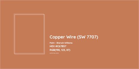 Sherwin Williams Copper Wire (SW 7707) Paint color codes, similar paints and colors Copper Wire Sherwin Williams, Copper Colored Paint, Chivalry Copper Sherwin Williams, Copper Harbor Sherwin Williams, Copper Wall Paint, Copper Color Paint, Copper Paint Colors, Copper Harbor, Paint Color Codes