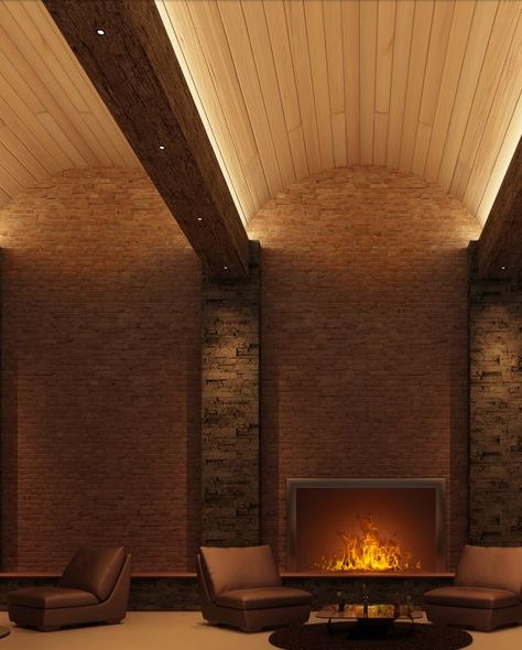 Cooper Industries - Cove Lighting, arch ceiling, brick walls Arch Ceiling Lighting, Arched Ceiling Ideas, Different Types Of Vaulted Ceilings, Vault Ceiling Lighting, Exposed Beam Lighting, Lights Vaulted Ceiling, Arch Ceiling Design, Ceiling Uplight, Brick Wall Lighting