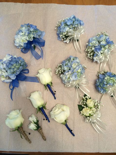 Blue Hydrangea Table Setting, Hydrangea Corsage Wrist, Hydrangea Boutineer, Blue Hydrangea Corsage, Corsage Wedding Mother, Hydrangea Corsage, Hydrangea Boutonniere, Roses And Sunflowers, Roses And Hydrangeas