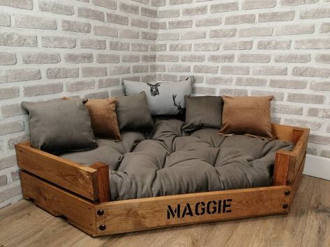 Corner Dog Bed, Black Upholstery Fabric, Oak Wood Stain, Wooden Dog Bed, Pallet Dog Beds, Wooden Beds, Dog Rooms, Dog Bed Large, Button Style