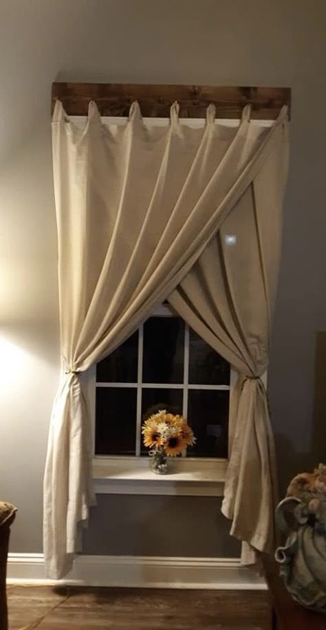 Pull Back Curtains Ideas, Bedroom Privacy Curtains, Curtains Over Mirror, Window Ac Curtain Ideas, Rustic Bathroom Curtain Ideas, Diy Valence Curtain, Tab Top Curtains On Hooks, Country Curtains Farmhouse Style Bedroom, Country Windows Ideas