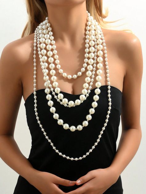 1pc Long Necklace European And American Style Vintage Multi-layer Pearl Necklace For Women, Japanese And Korean Fashion Clothing Accessories, Suitable For Spring And Summer OutfitsI discovered amazing products on SHEIN.com, come check them out! Spring And Summer Outfits, Layered Pearl Necklace, Clothes Korean Style, Faux Pearl Necklace, All Black Outfit, White Collar, Necklace For Women, Pearl Beads, Layered Necklaces