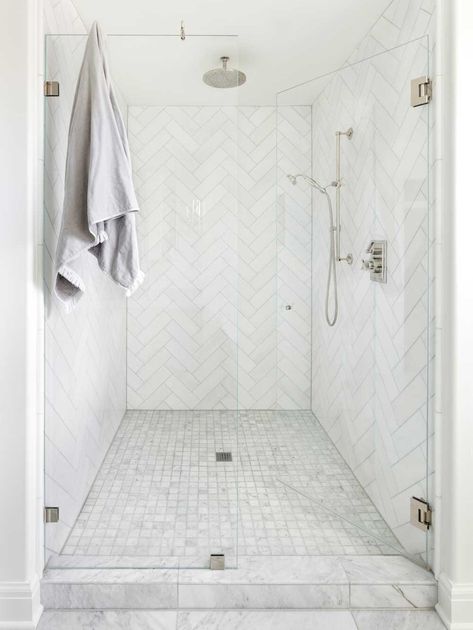 Prospect Street – K & L Interiors Steam Showers Bathroom, Herringbone Tile, Bathroom Renos, Bathroom Remodel Master, Bath Remodel, Glass Shower, Full House, White Bathroom, Walk In Shower