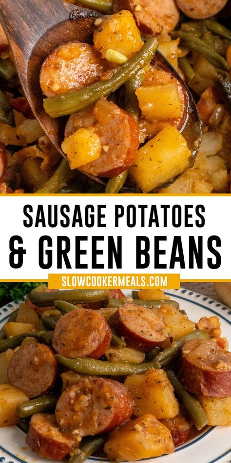 Close-up of sausage potatoes and green beans on a wooden spoon and plate. Sausage Potatoes And Green Beans, Sausage Potatoes Green Beans, Crockpot Sausage And Potatoes, Smoked Sausage And Potato Recipe, Sausage Crockpot Recipes, Crock Pot Sausage, Sausage And Green Beans, Beans Recipe Crockpot, Slow Cooker Green Beans