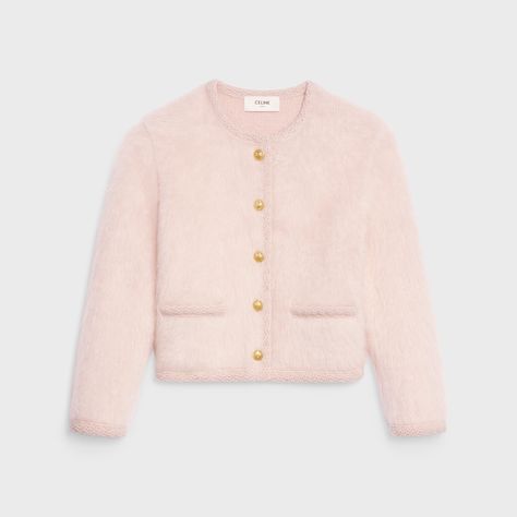 CARDIGAN JACKET IN BRUSHED MOHAIR - Rose Pale | CELINE Celine Mohair Cardigan, Celine Coat, Brushed Mohair, Party Mode, Rose Pale, Mohair Cardigan, Handbags Leather, Cardigan Jacket, Party Fashion