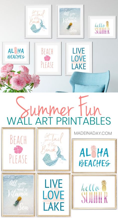 6 Summer Wall Art Printables: Mermaids to Pineapples, Aloha Beaches, Beach Please, Hello Summer, Get your Tail to the Beach, All You Need is Vitamin Sea, Live Love Lake, free printable wall art, summer wall art, printable gallery wall art, pineapple wall art, colorful wall art, #wallart #summer #pineapple #beach #homedecor #lake #beachplease #livelovelake #AlohaBeaches #VitaminSea #mermaid Beach Printables, Pineapple Wall Art, Summer Wall Art, Summer Printables, Free Printable Wall Art, Wall Art Printables, Free Printable Art, Metal Tree Wall Art, Memo Boards