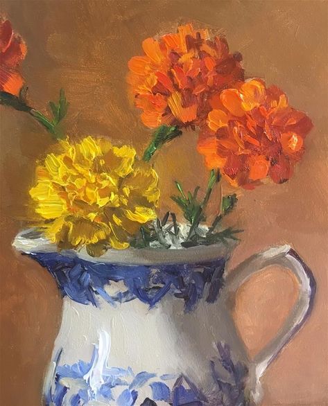 Expensive Paintings, Flowers Oil Painting, Painting Flowers Tutorial, Marigold Flowers, Marigold Flower, Expressionist Painting, Canvas Painting Designs, Floral Oil Paintings, Oil Painting Flowers