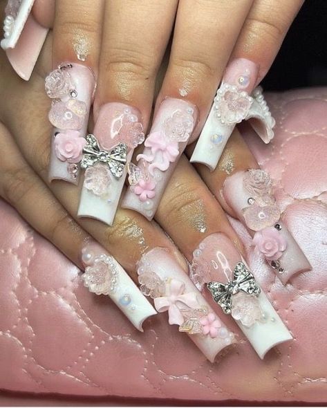 Nails Charms, Colored Acrylic Nails, Hello Kitty Nails, Blush Nails, Pretty Gel Nails, Really Cute Nails, Soft Nails, Kawaii Nails, Pink Acrylic Nails