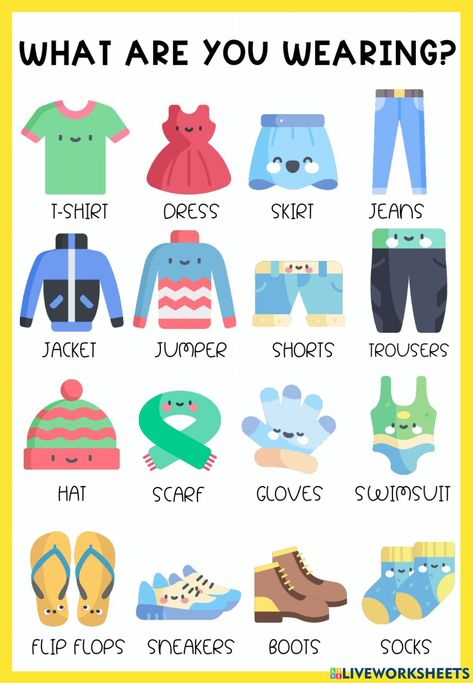 English Learning Materials, Clothes Study For Preschoolers, Clothes Flashcards, Vocabulary Clothes, Preschool Charts, Esl Kids, Reading Comprehension Lessons, Toddler Homeschool, Learning English For Kids