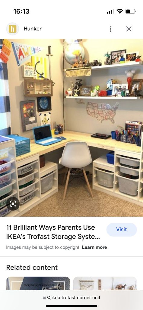 Ikea Trofast Corner, Trofast Corner Desk, Trofast Corner, Ikea Kallax Playroom, Kids Corner Desk, Kallax Desk, Ikea Trofast Storage, Trofast Ikea, Teen Desk