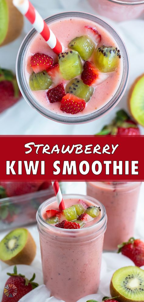 Strawberry Kiwi Smoothie is an easy 5-ingredient smoothie with a delicious flavor combination. Made in just 5 minutes, this smoothie is perefct for enjoying all summer long! Kids and adults will the the sweet and tart flavor combination in this healthy smoothie. Take it on-the-go for a quick breakfast or enjoy it for a refreshing afternoon drink. Kiwi Breakfast Smoothie, Smoothie Recipes With Kiwi, 5 Ingredient Smoothies, Healthy Tasty Smoothies Recipes, Smoothies With Kiwi Fruit, Kiwi Blueberry Smoothie, Kiwi And Strawberry Smoothie, Healthy Kiwi Smoothie, Kiwi Smoothie Recipes Healthy