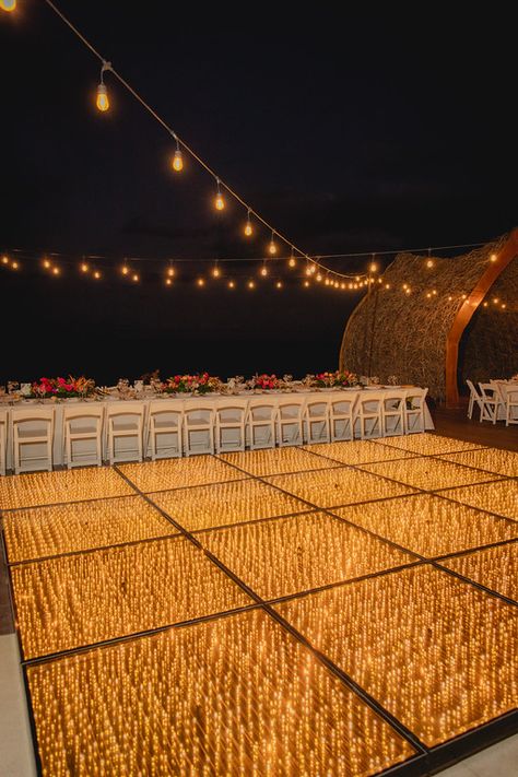 Beach Wedding Dance Floor, Dancefloor Wedding Ideas, Wedding Dancefloor, Deck Gazebo, Light Up Dance Floor, Destination Wedding Cabo, Tulum Resorts, Egyptian Wedding, Garland Lights