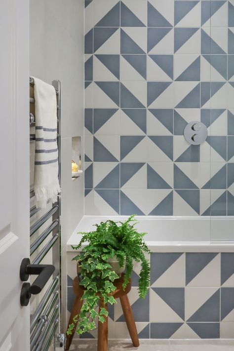 Geo Tiles Bathroom, Bathroom Tile Geometric, Triangle Tiles Bathroom, Geometric Bathroom Tiles, Triangular Tile Pattern, Geometric Tiles Bathroom, Blue Geometric Tiles Bathroom, Kitchen Examples, Big Baths