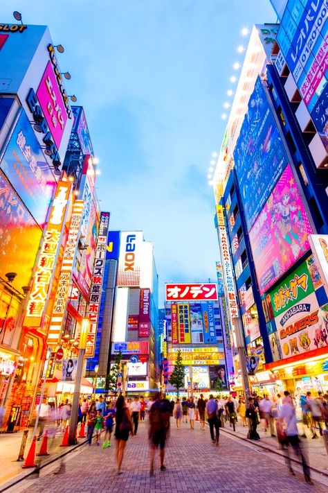 Akihabara electronics hub during blue hour on a summer night in downtown, Tokyo Night In Tokyo Aesthetic, Tokyo Night Life Aesthetic, Japan City Night, Tokyo Downtown, Japan Nightlife, Downtown Tokyo, Places To Visit In Japan, Downtown Tokyo At Night, Beautiful Places Nature