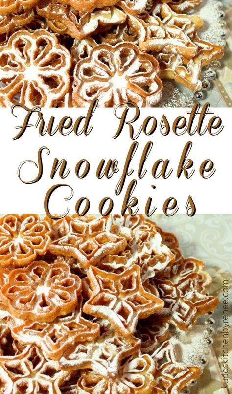 Part of the fun of eating a Fried Rosette Snowflake Cookie is the dusting of confectioners sugar that will inevitably snow down the front of your shirt as you crunch into these crispy little holiday treats. There’s no way around it, so just give in and let it snow! #friedcookierecipe #rosettecookies #rosetterecipe #snowflakecookies #cookies #christmascookies #christmasrecipe #friedrosette #rosettewaffles #rosette #holidaycookie #friedholidaycookie #friedcookie #friedfoods #kudoskitchen Rosettes Cookie Recipe, Rosette Recipe, Rosette Cookies, Rose Cookies, Snowflake Cookies, Best Christmas Cookies, Delicious Cookie Recipes, Easy Cookie Recipes, Recipe For Mom