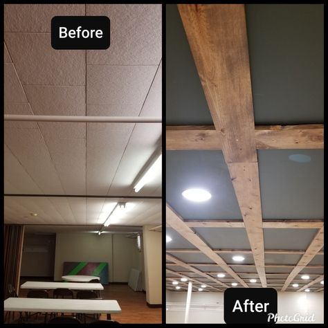 The original ceiling was from the 1960's. We removed it all, used brackets and 2x4's to drop the ceiling 2 inches, built the frames from 1x6's and used drywall for the ceiling tiles. They can be pushed up and slid over to access the ceiling cavity. We also replaced florescent tube lighting with led lighting on dimmers. Drop Ceiling Living Room, Basement Bar With Drop Ceiling, Drop Ceiling Wood Panel, Wood Look Drop Ceiling Tiles, Wood Drop Ceiling Tiles, Old Basement Ceiling Ideas, Basement Short Ceilings, 7ft Basement Ceiling Ideas, Wood Tile Floor Whole House